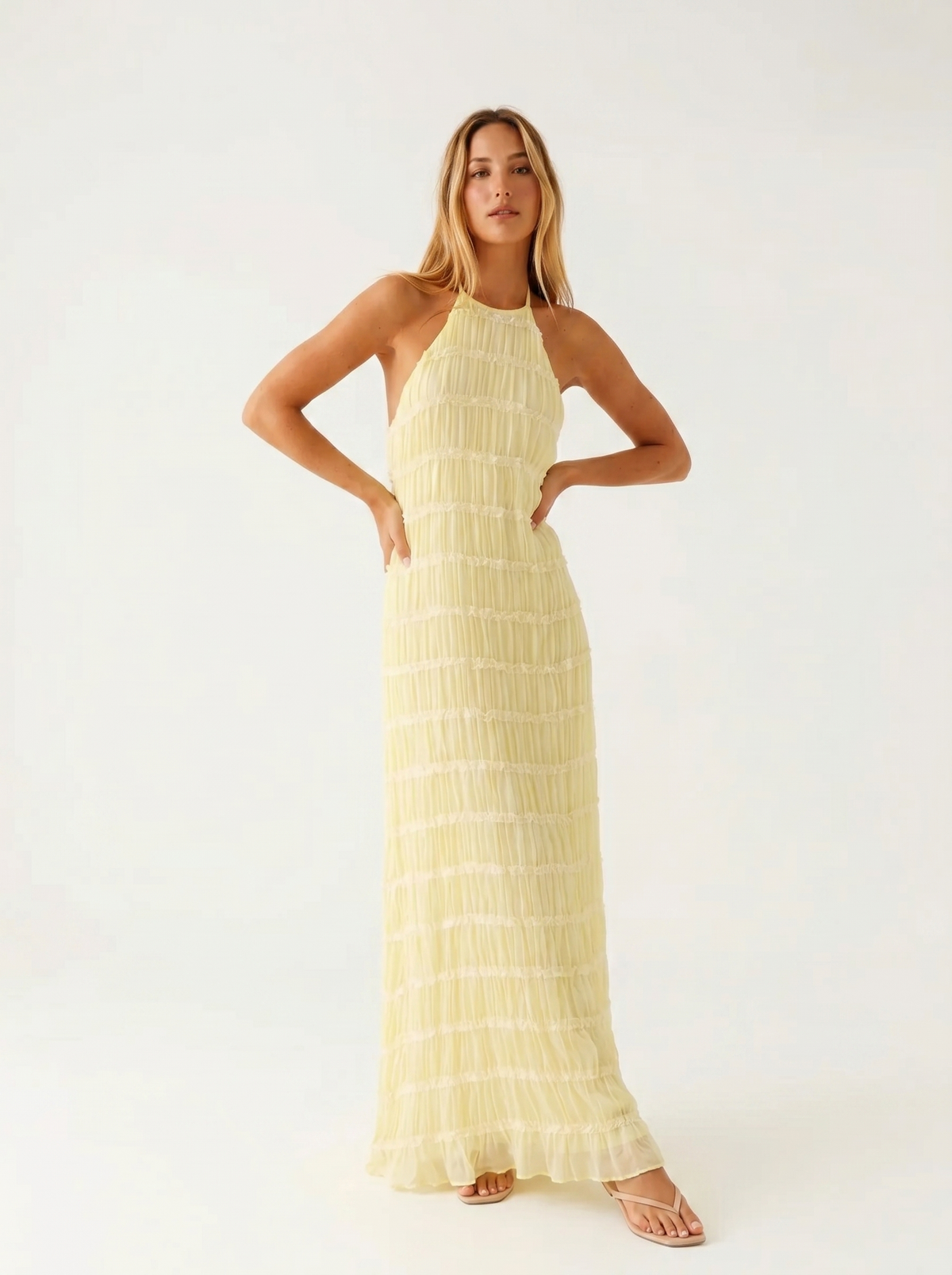 Halter Neck Tiered Ruffle Textured Column Maxi Dress 11