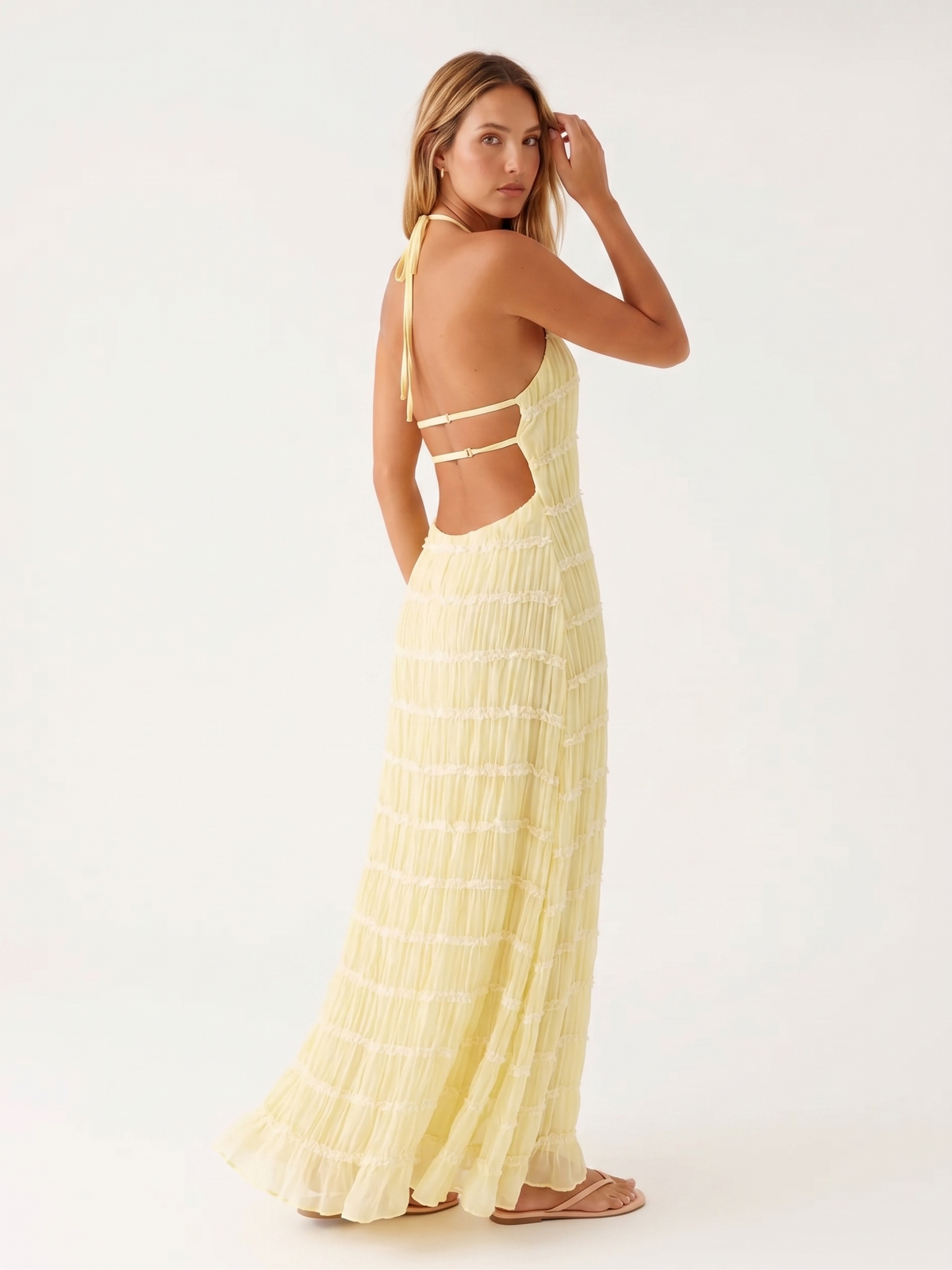 Halter Neck Tiered Ruffle Textured Column Maxi Dress 9