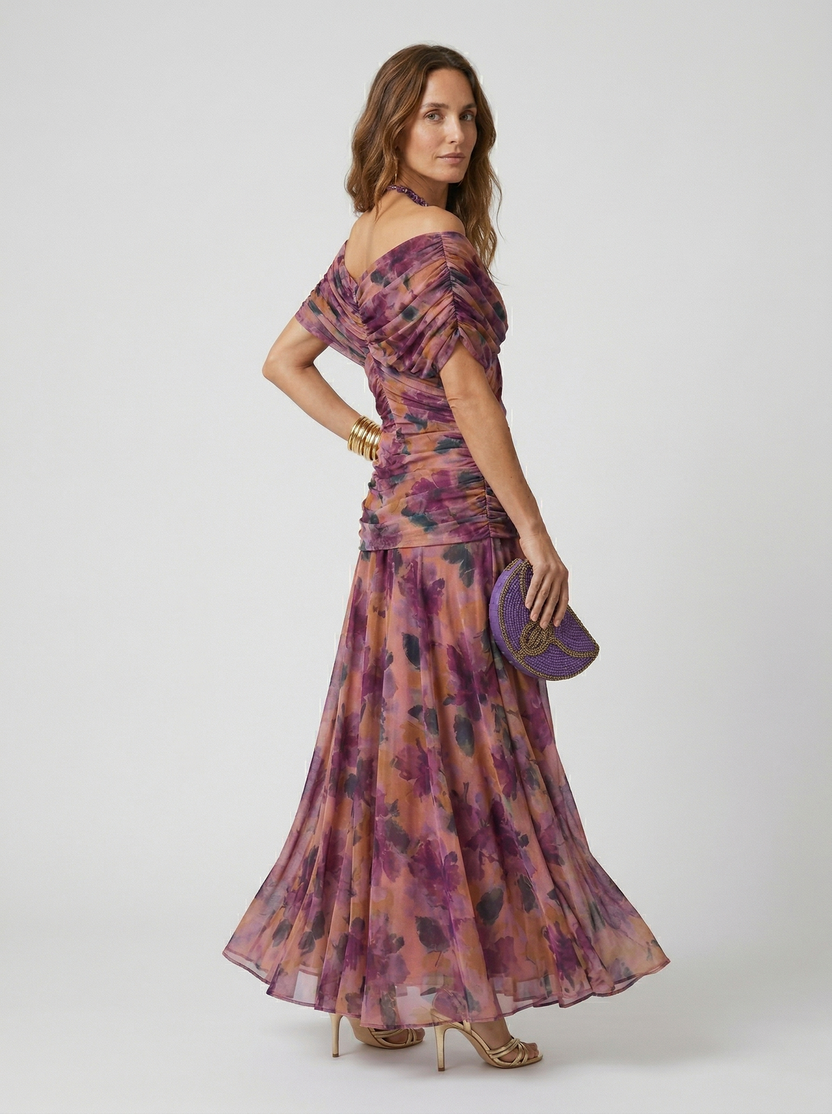 Off-Shoulder Twist Front Floral Print Ruched A-Line Maxi Dress 5