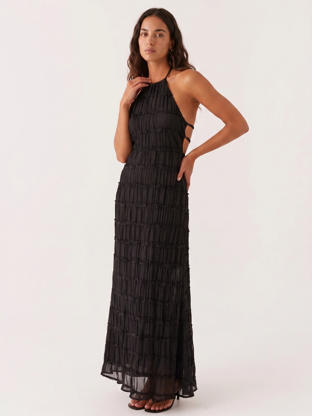Halter Neck Tiered Ruffle Textured Column Maxi Dress 18