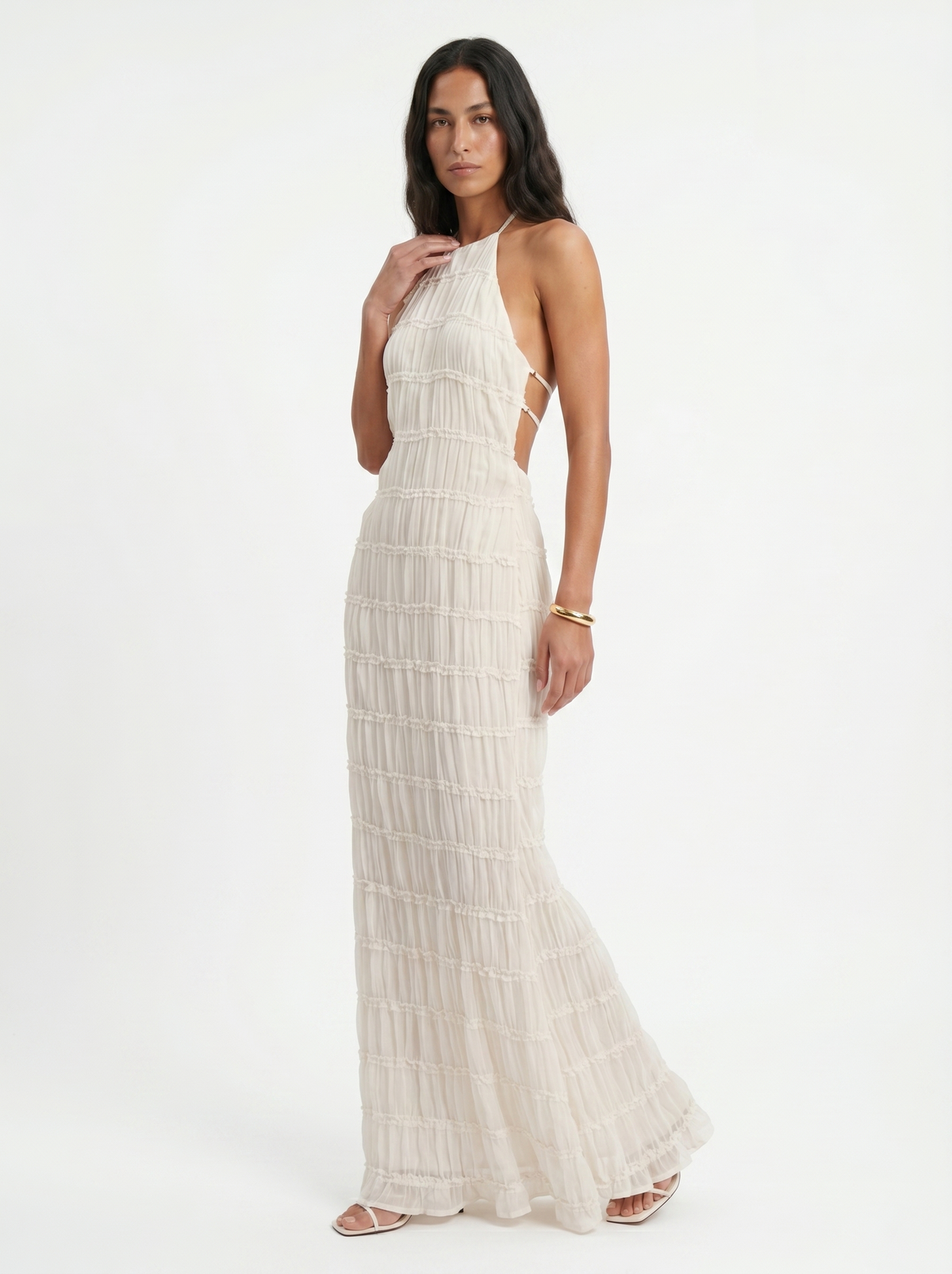Halter Neck Tiered Ruffle Textured Column Maxi Dress 3