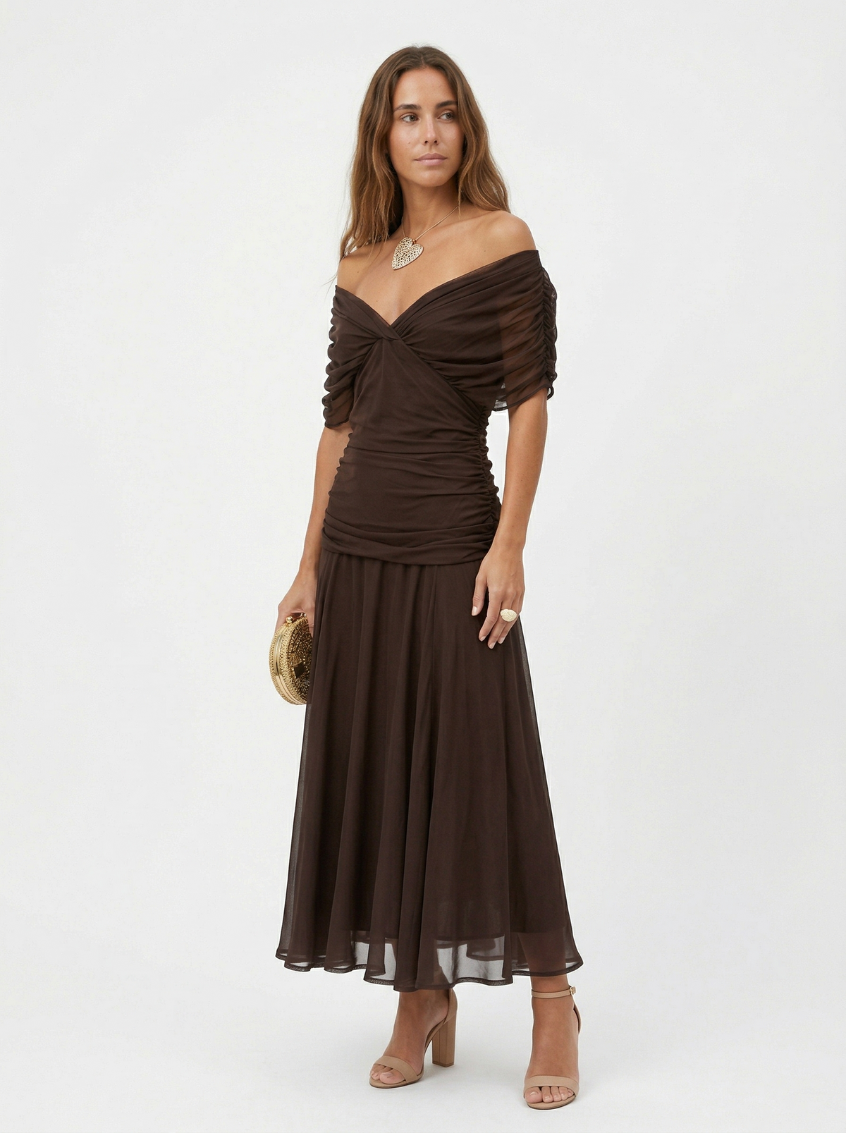 Off-Shoulder Twist Front Floral Print Ruched A-Line Maxi Dress 14