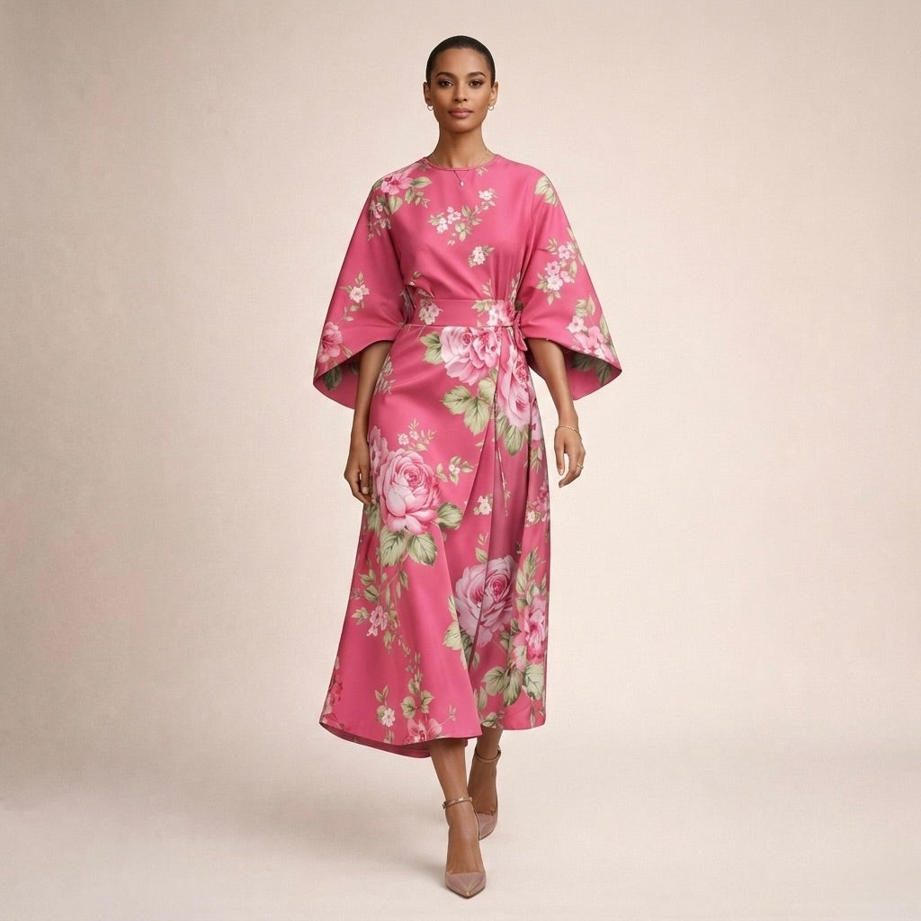 Round Neck Bell Sleeve Floral A-Line Midi Dress 3
