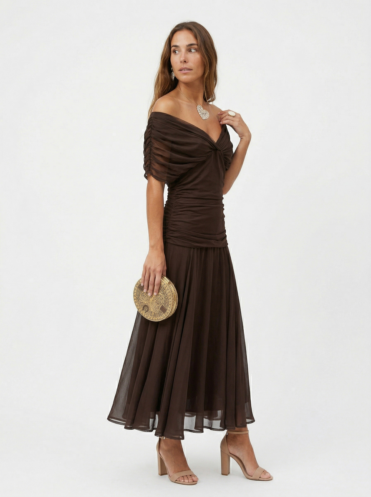 Off-Shoulder Twist Front Floral Print Ruched A-Line Maxi Dress 13