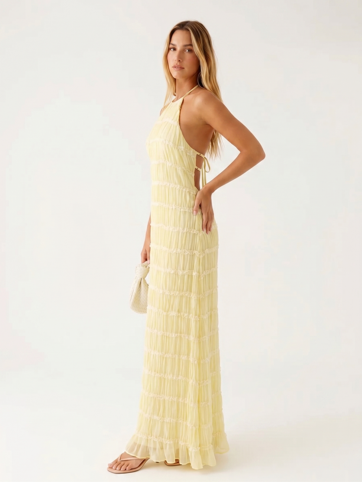 Halter Neck Tiered Ruffle Textured Column Maxi Dress 12
