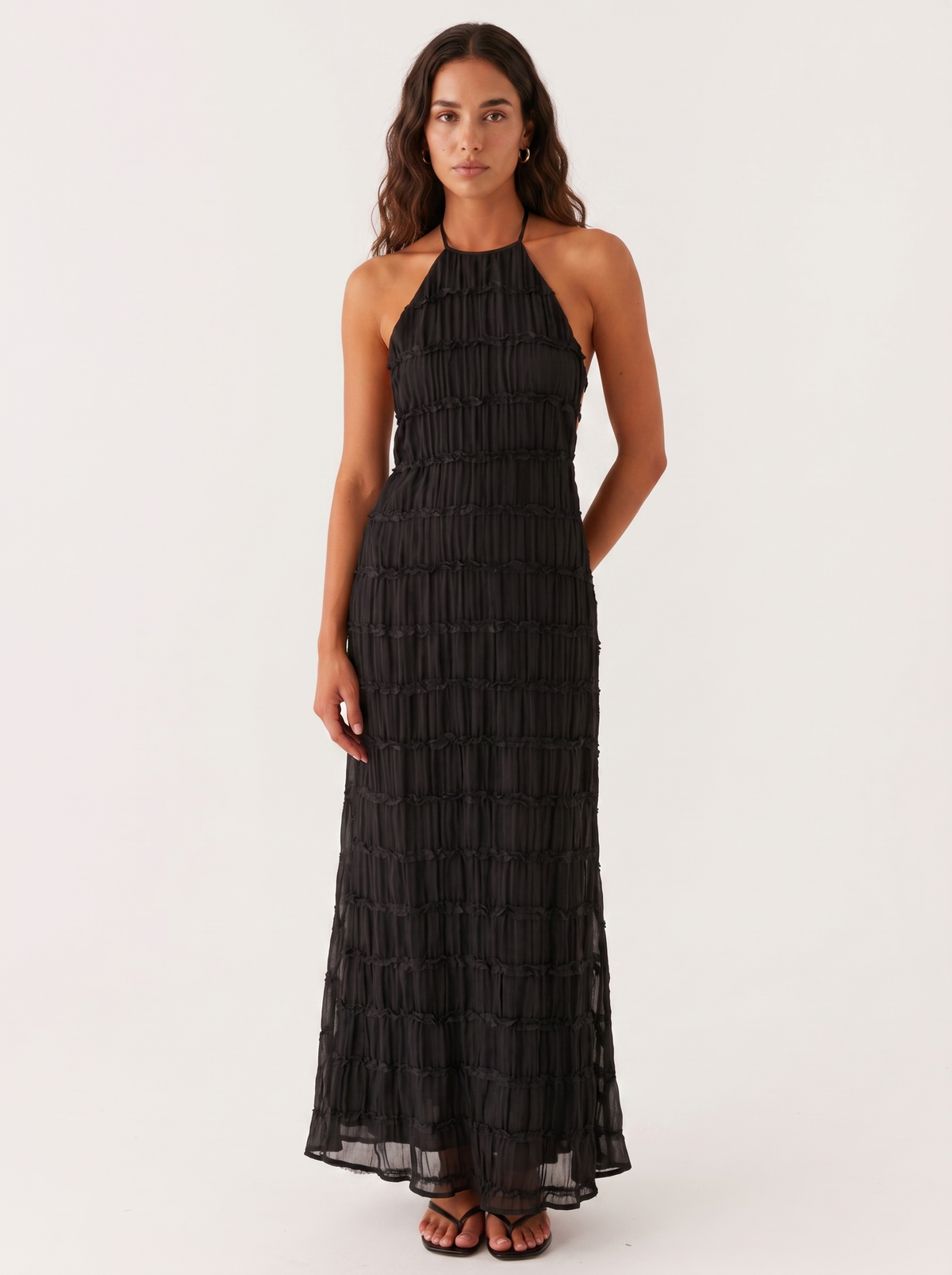 Halter Neck Tiered Ruffle Textured Column Maxi Dress 17