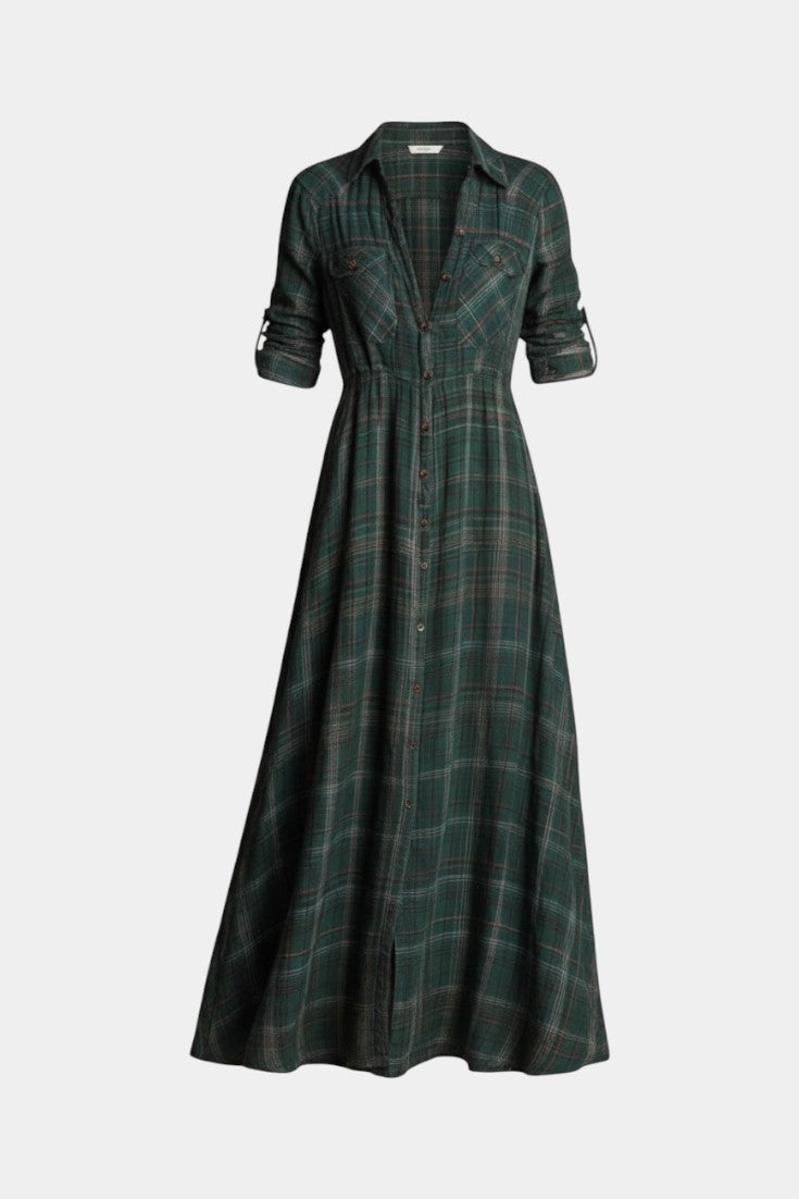 Collared Plaid Chest Pocket Button-Front Long Sleeve Shirt Maxi Dress 6