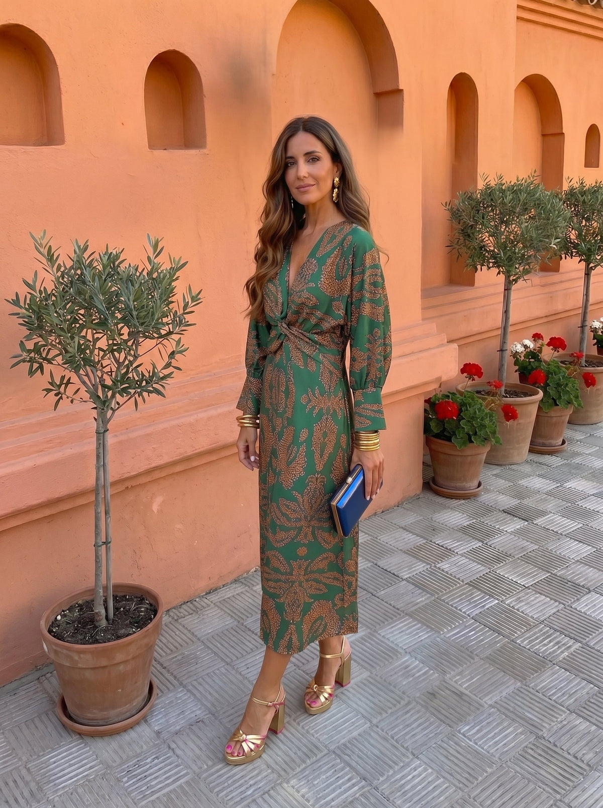 V-Neck Long Sleeve Twist Front Printed Sheath Midi Dress 3