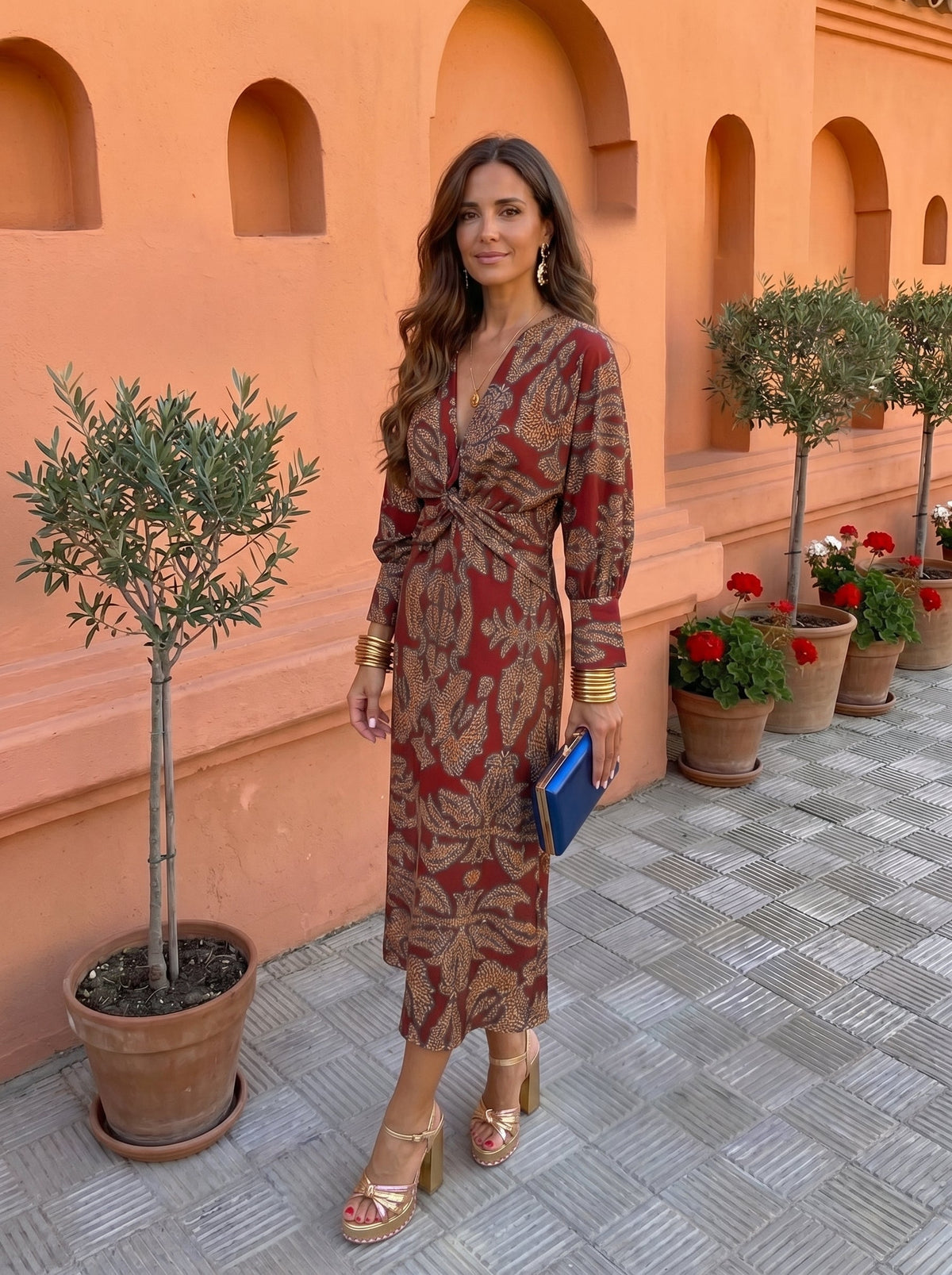 V-Neck Long Sleeve Twist Front Printed Sheath Midi Dress 4