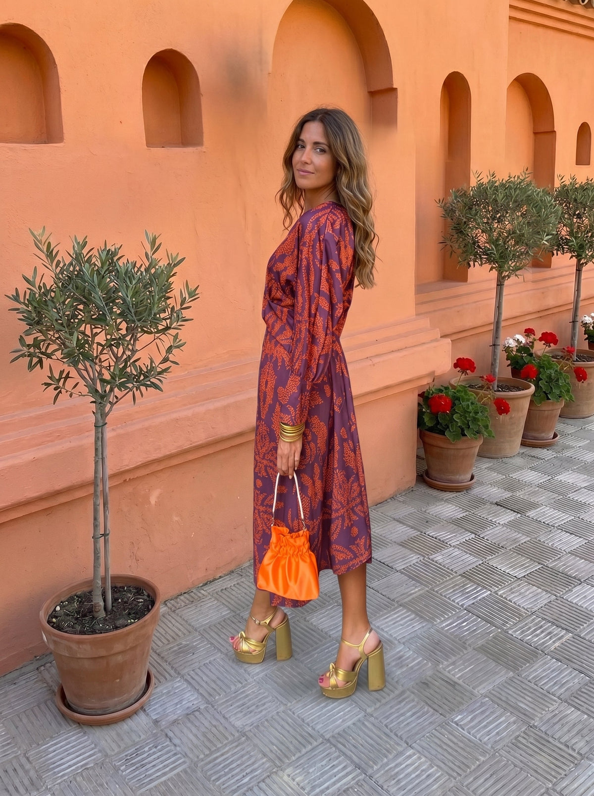 V-Neck Long Sleeve Twist Front Printed Sheath Midi Dress 5