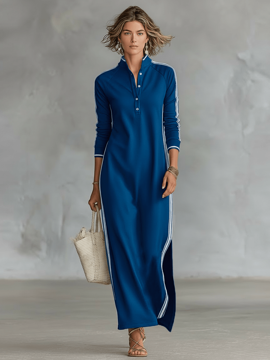 Stand Collar Button Placket Side Stripe Long Sleeve Maxi Dress