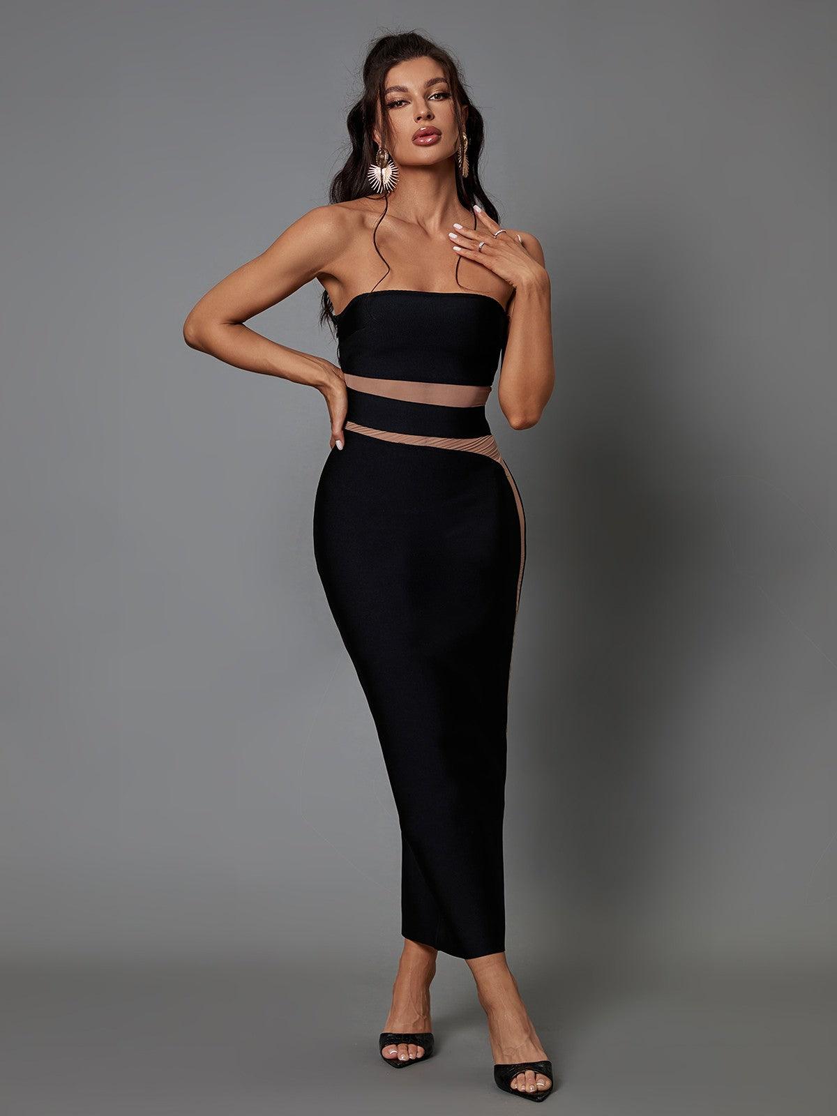 Strapless Mesh Panel Cutout Bandage Bodycon Midi Dress