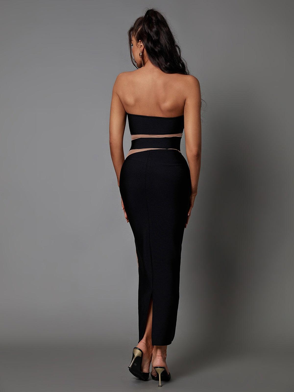 Strapless Mesh Panel Cutout Bandage Bodycon Midi Dress