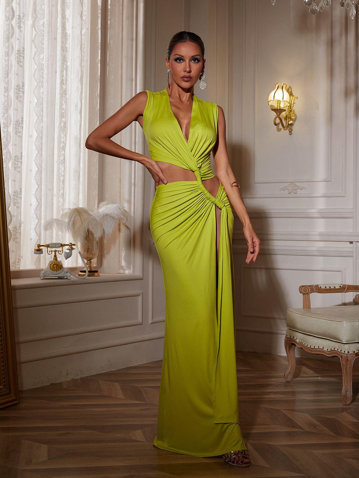 V Neck Cutout Split Maxi Dress