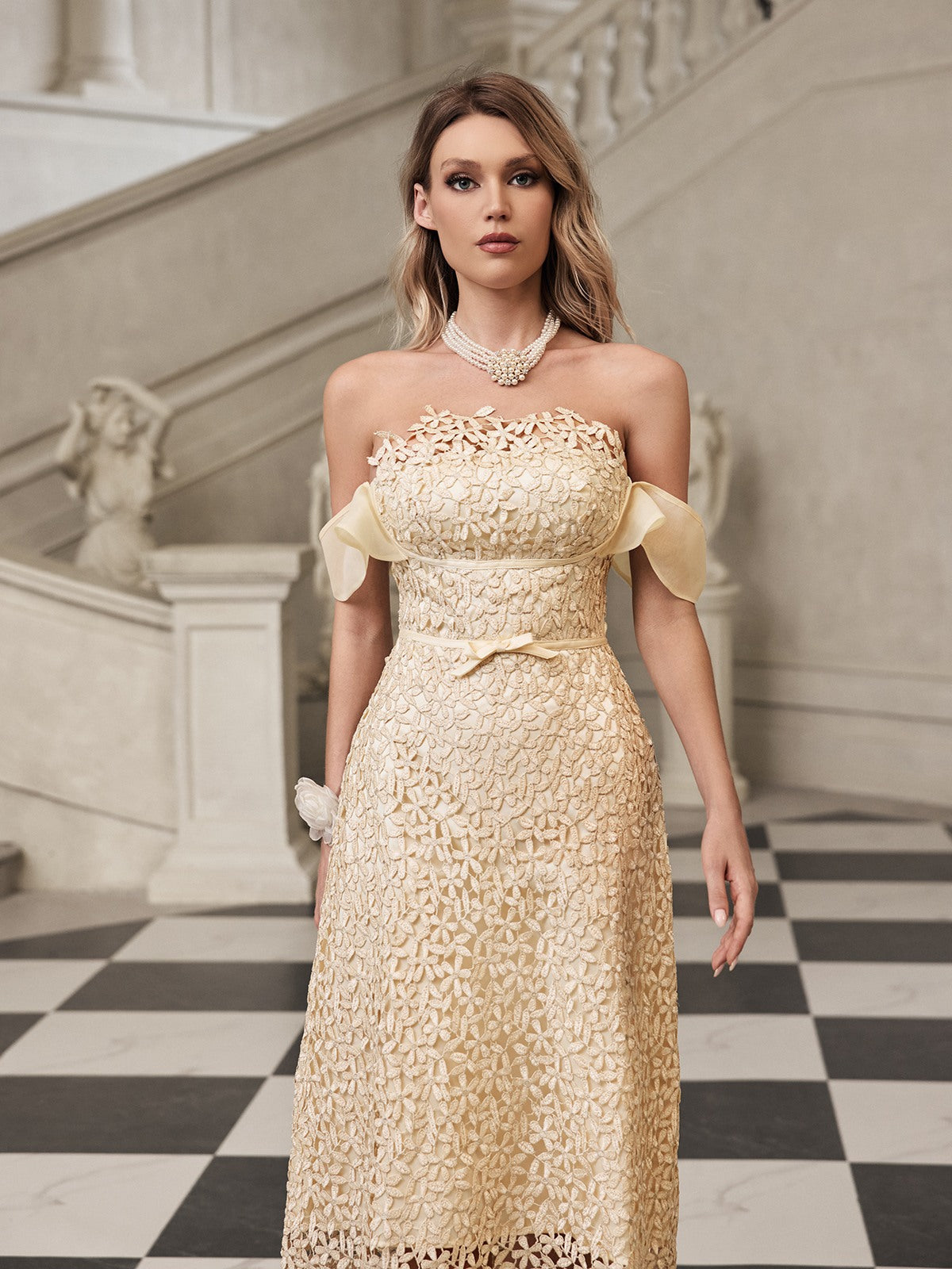 Off Shoulder Embroidered Midi Dress