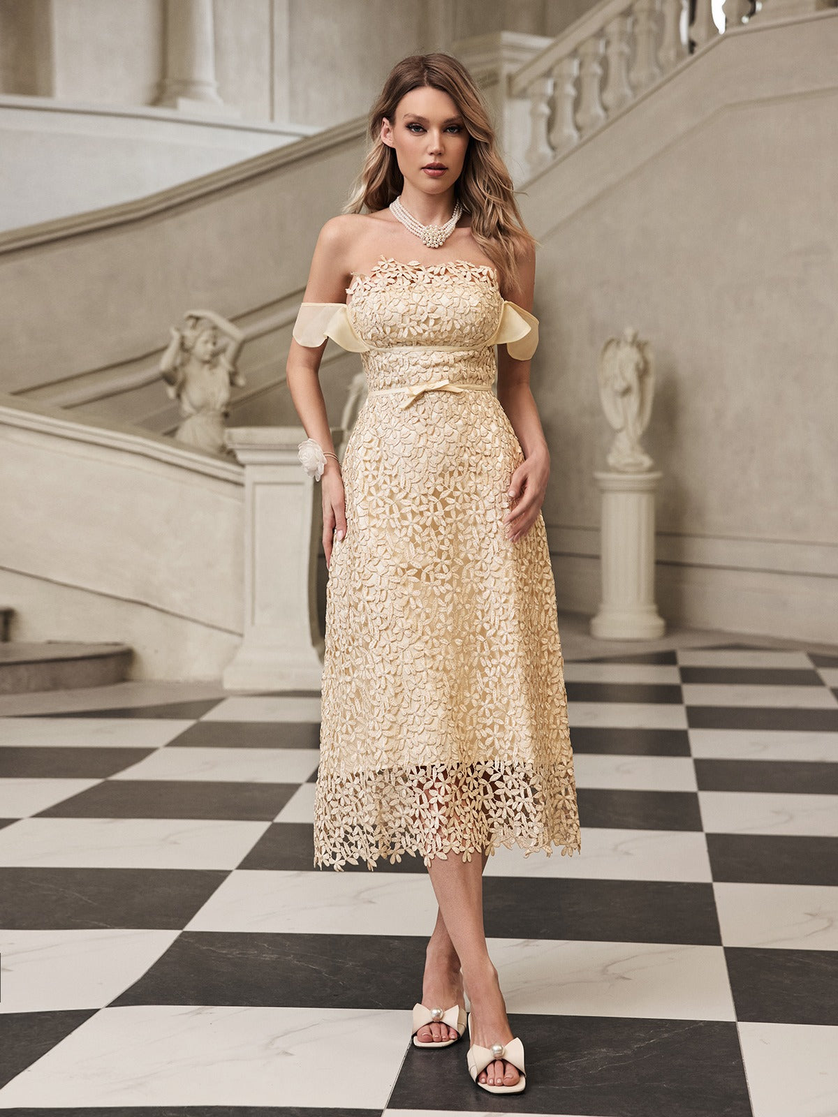 Off Shoulder Embroidered Midi Dress