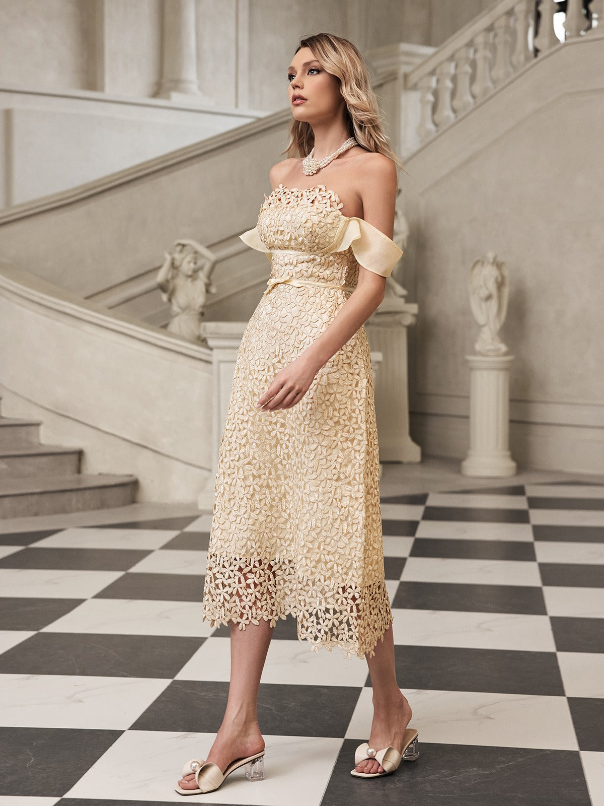 Off Shoulder Embroidered Midi Dress