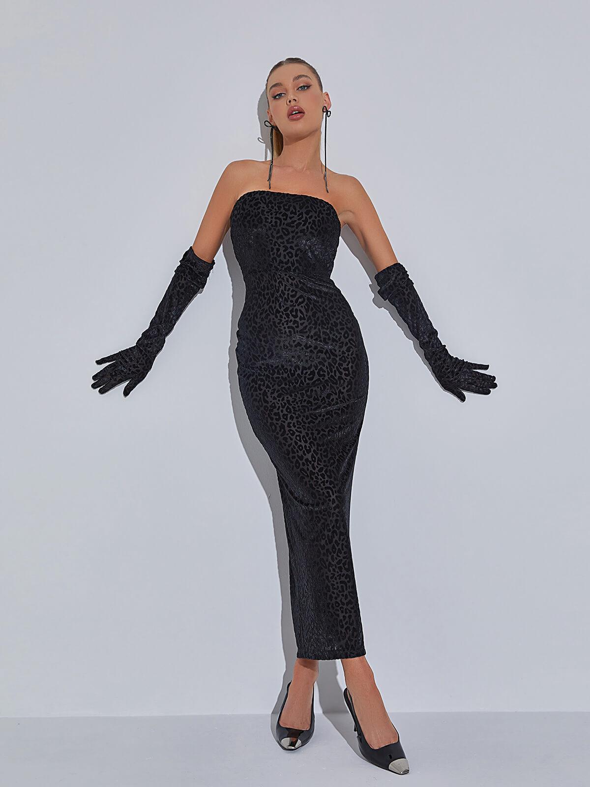 Strapless Leopard Flocked Bodycon Maxi Dress With Gloves
