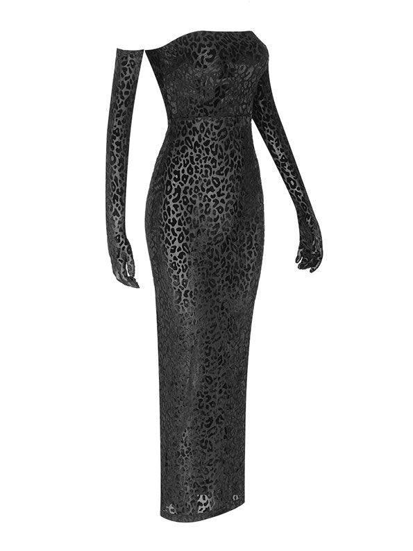 Strapless Leopard Flocked Bodycon Maxi Dress With Gloves