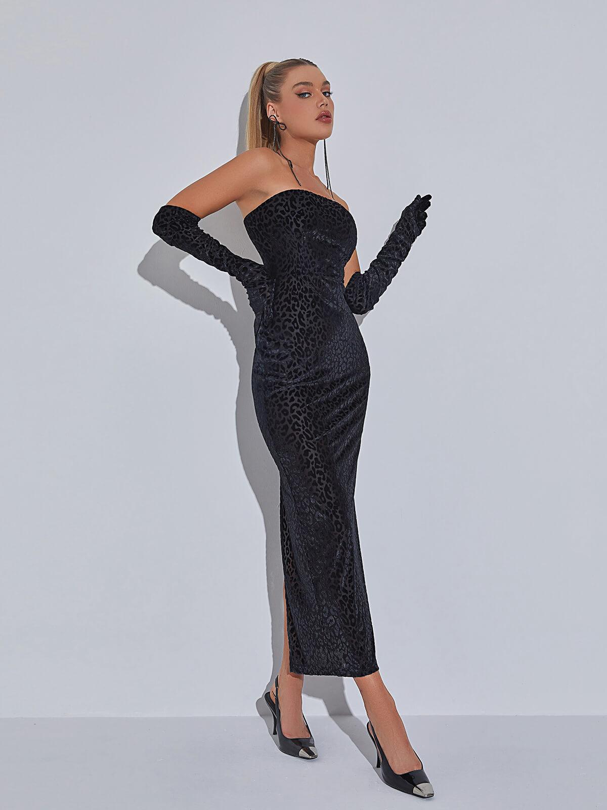 Strapless Leopard Flocked Bodycon Maxi Dress With Gloves