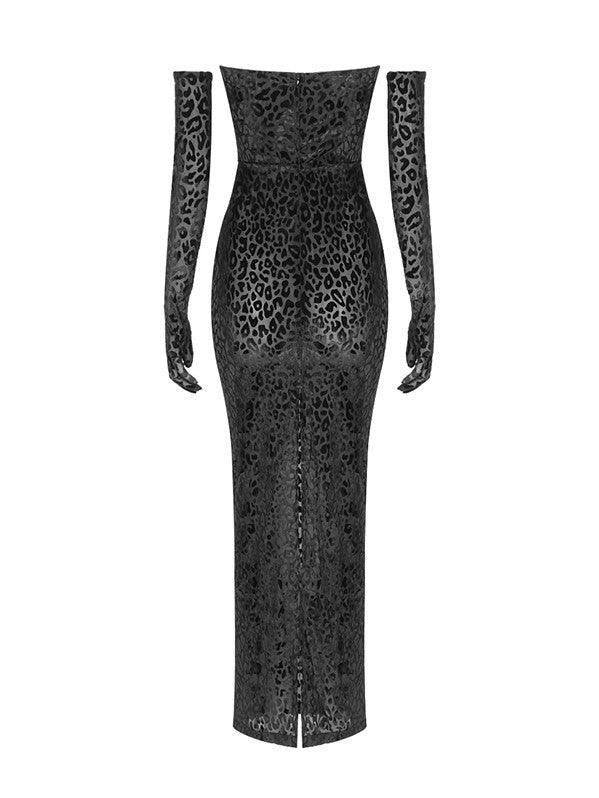 Strapless Leopard Flocked Bodycon Maxi Dress With Gloves