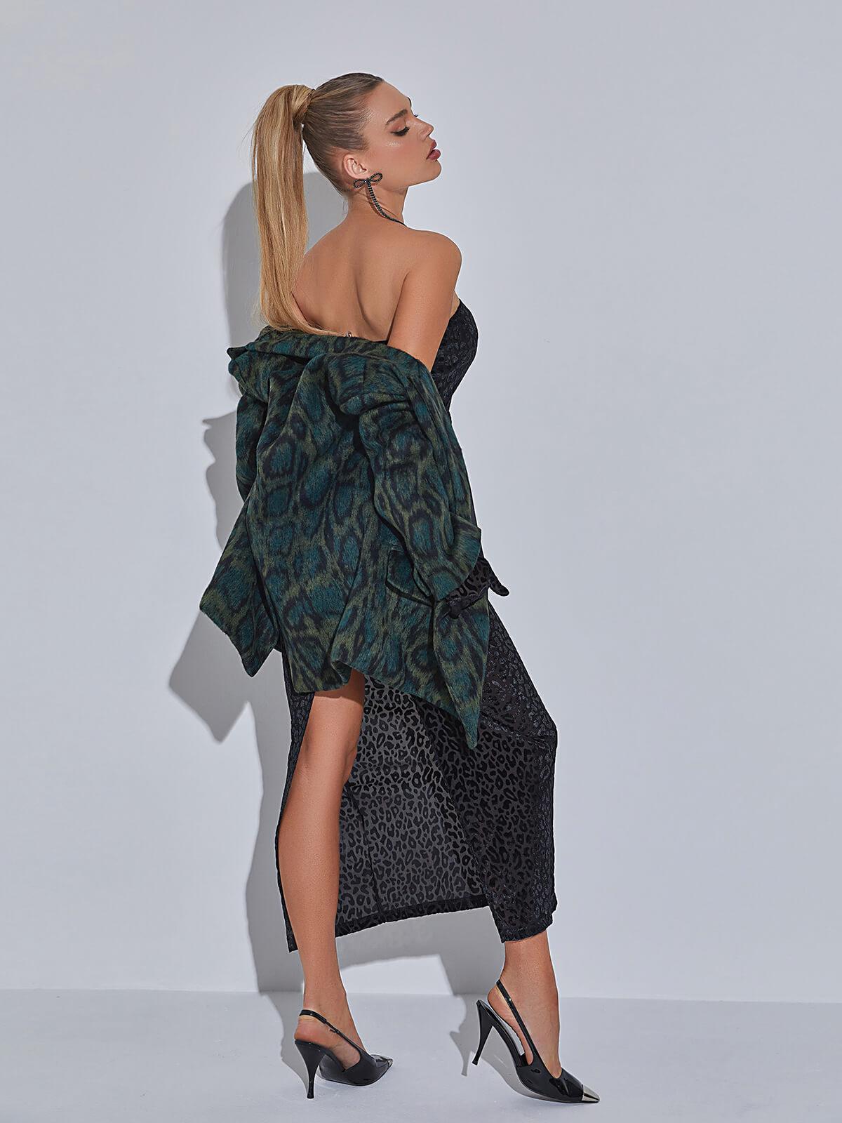Strapless Leopard Flocked Bodycon Maxi Dress With Gloves