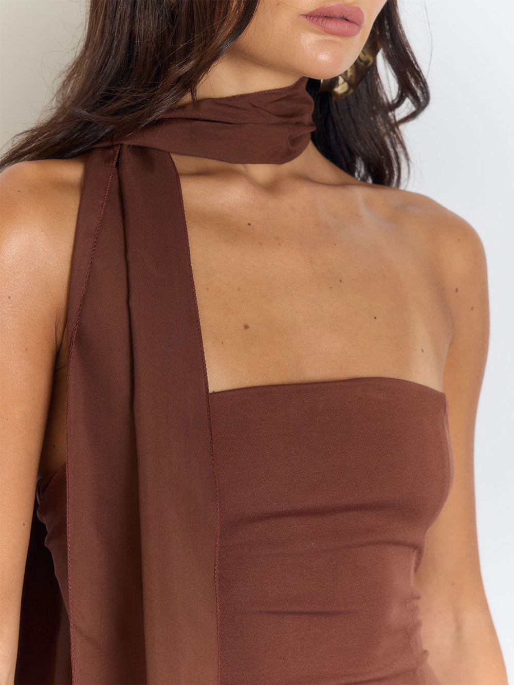 Brown One Shoulder Neck Tie Ruched Faux Two Piece High Split Column Maxi Dress 5