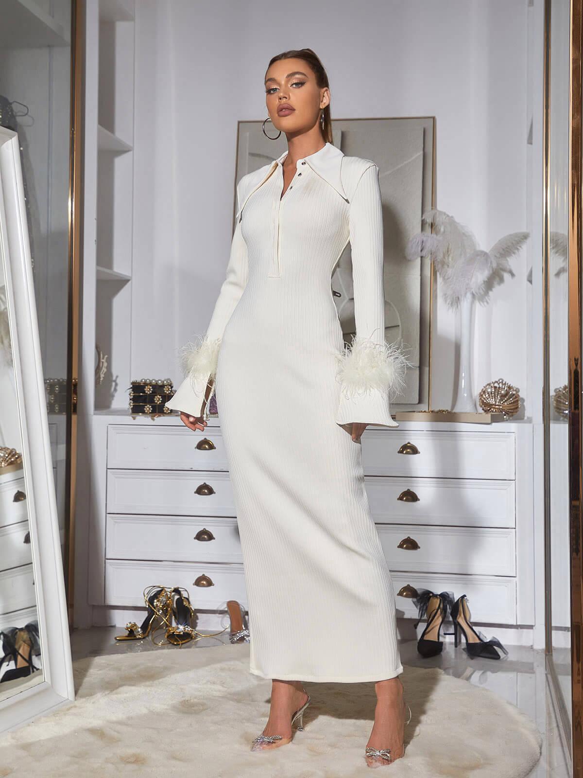 Collared Button Feather Cuff Long Sleeve Ribbed Knit Maxi Dress