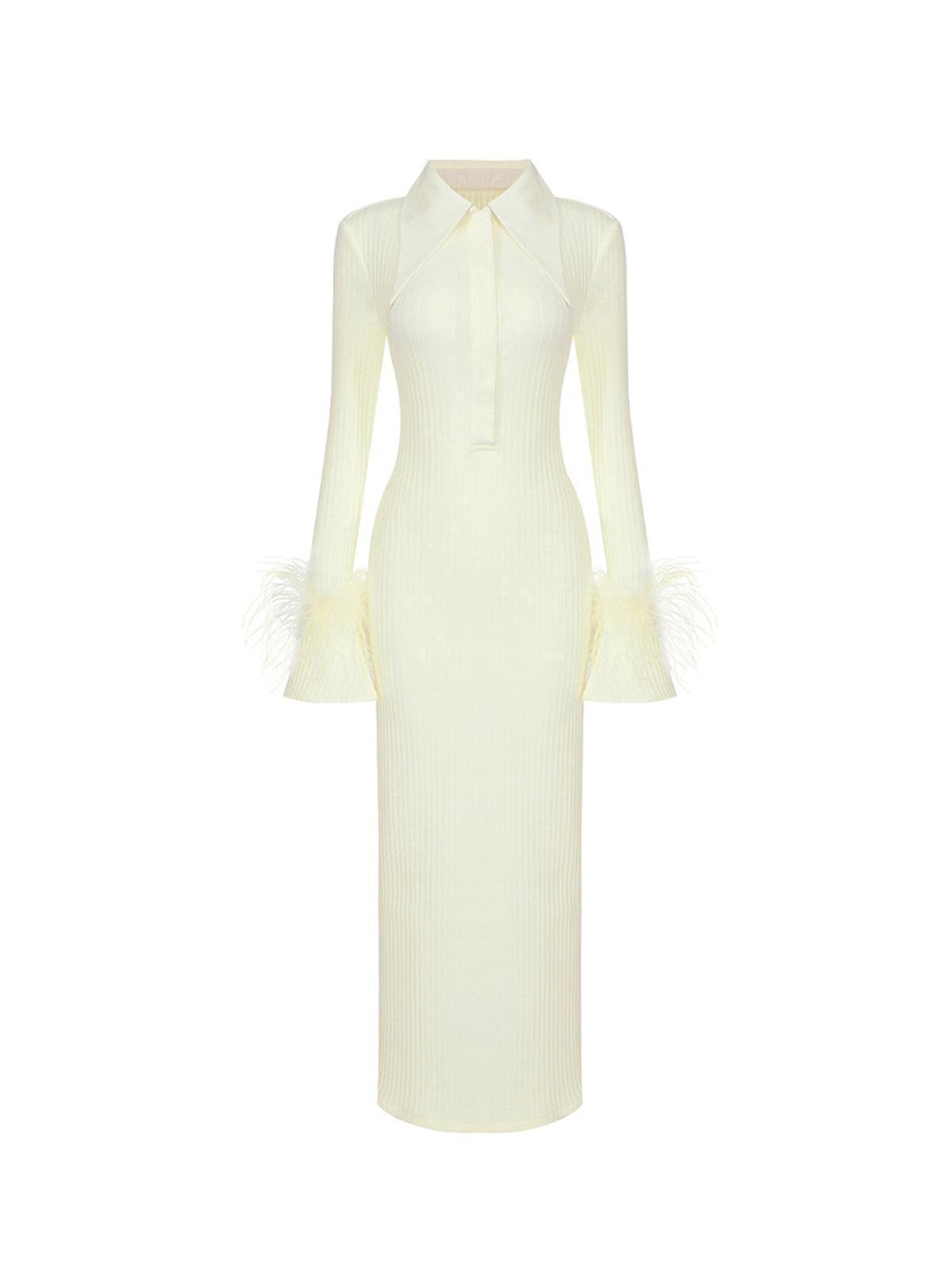 Collared Button Feather Cuff Long Sleeve Ribbed Knit Maxi Dress