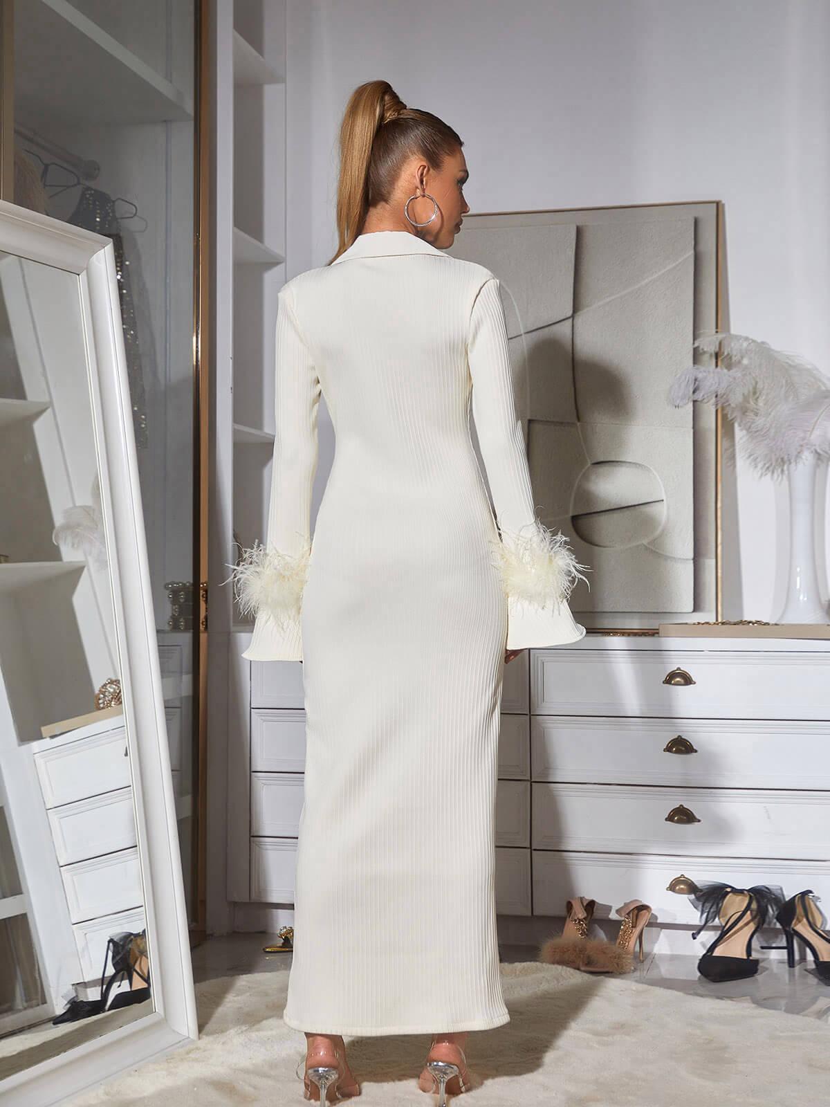 Collared Button Feather Cuff Long Sleeve Ribbed Knit Maxi Dress