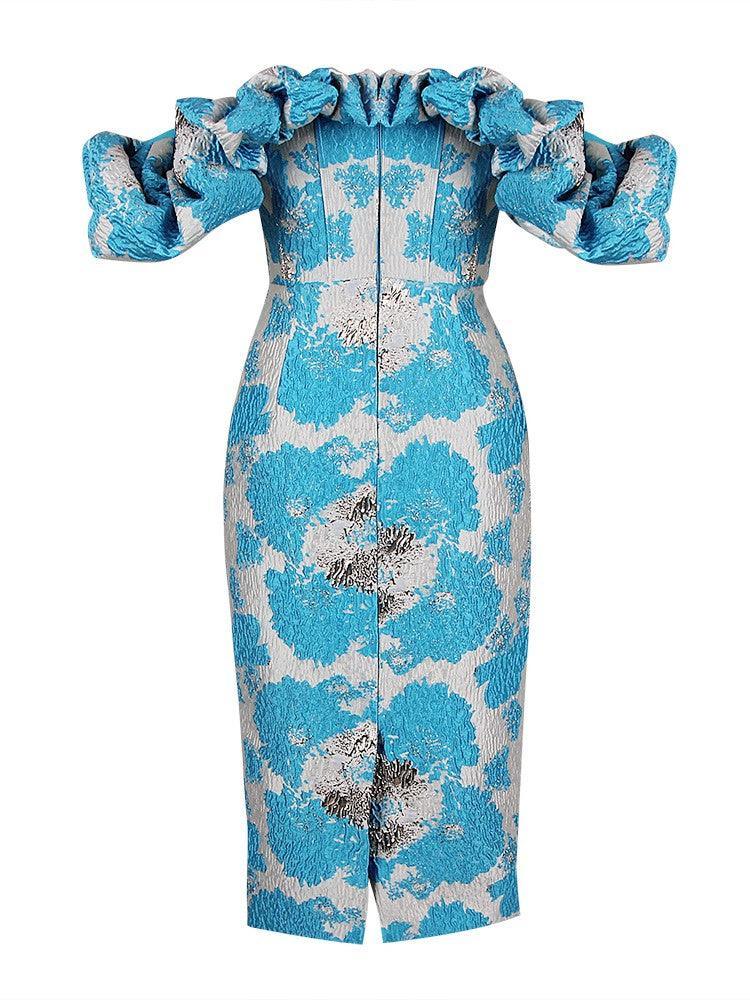 Off-Shoulder Puff Sleeve Jacquard Ruffle High Slit Bodycon Midi Dress