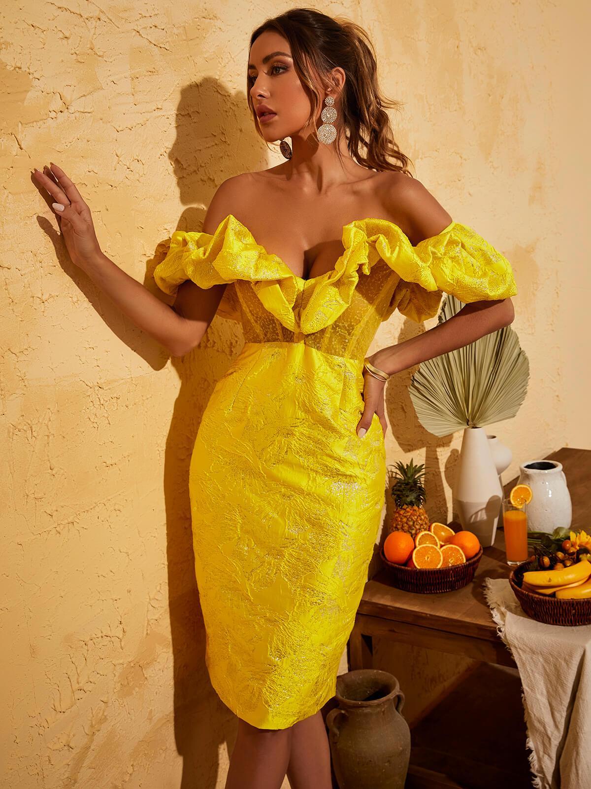 Off-Shoulder Ruffle Jacquard Bodycon Midi Dress