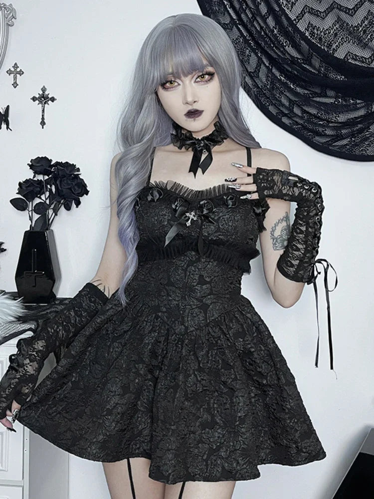 Corset ALine Mini Dress Black Rose Print Lace Patchwork Shirring Backless Slip Nightclub Party Dress