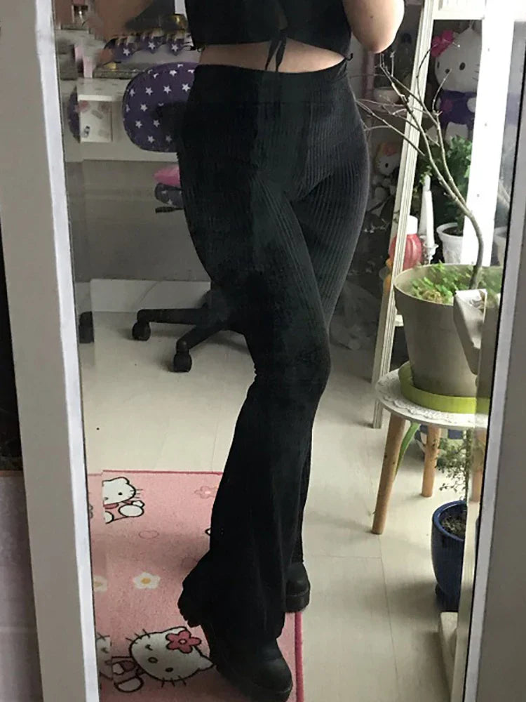 Goth Dark Vintage Flare Pants Women Aesthetic Emo Grunge Pants