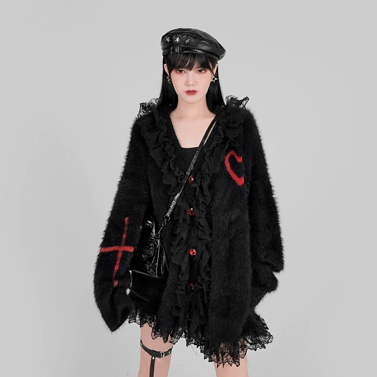 Gothic Black Red Vneck Loose Punk Oversized Cardigan