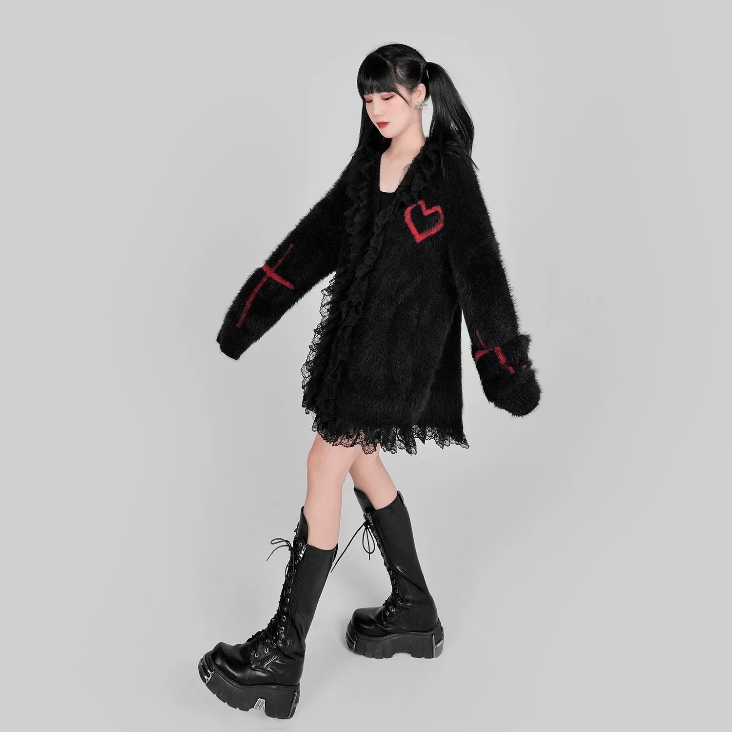 Gothic Black Red Vneck Loose Punk Oversized Cardigan