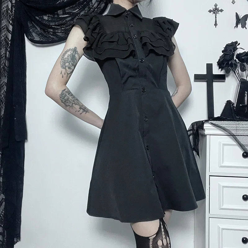 Gothic Mall Harajuku EGirl Dress Mesh Patchwork Black Slim ALine Sexy Party Grunge Aesthetic Streetwear Dress