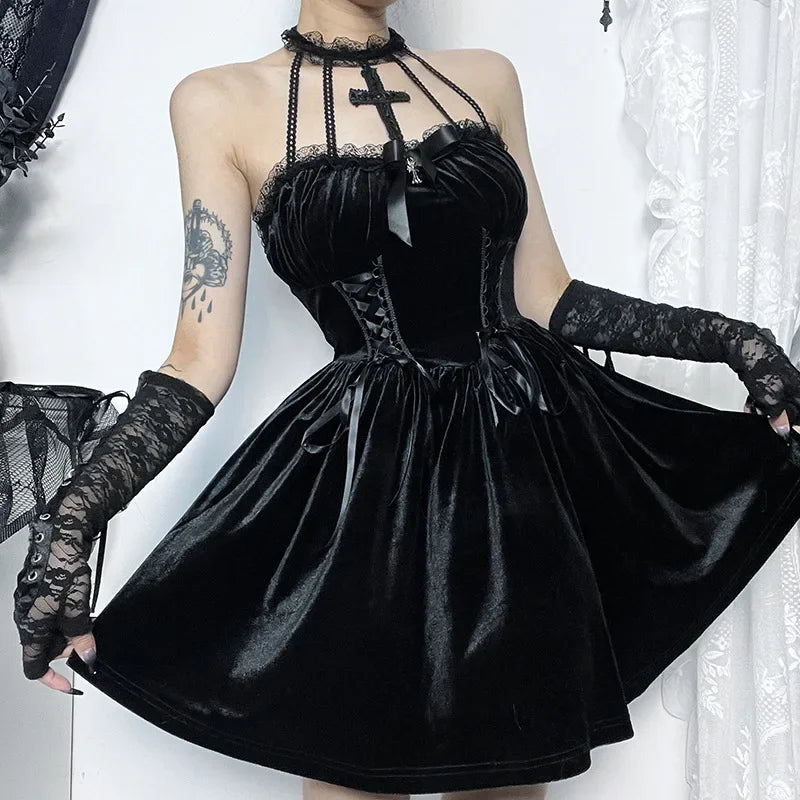 Gothic Velvet CrissCross Halter Dress Vintage Draped Lace Sleeveless Bodycon Backless ALine Cocktail Party Dress