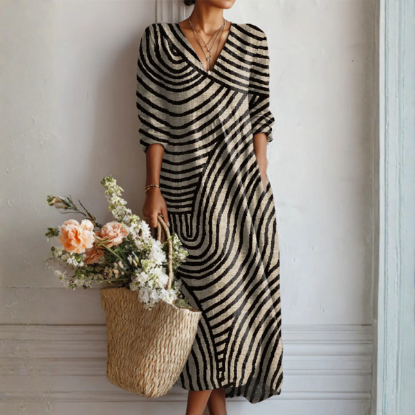 Multicolor V-Neck Long Sleeve Swirl Stripe Print A-Line Maxi Dress