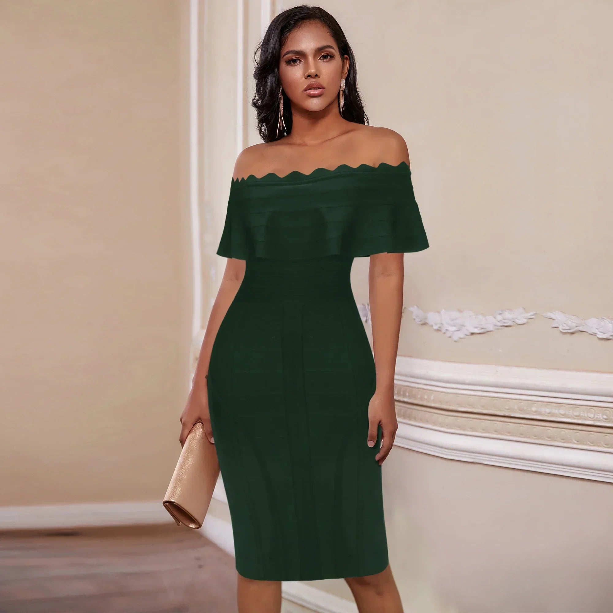 Green Ladies Bandage Dress Ruffles Slash Neck Bodycon Knee-Length Party Dress