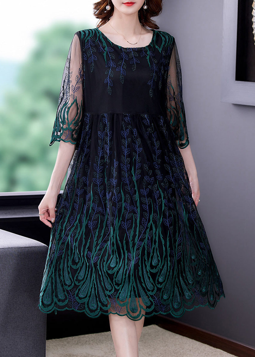 Green O-Neck Print Tulle Silk Long Dress Half Sleeve