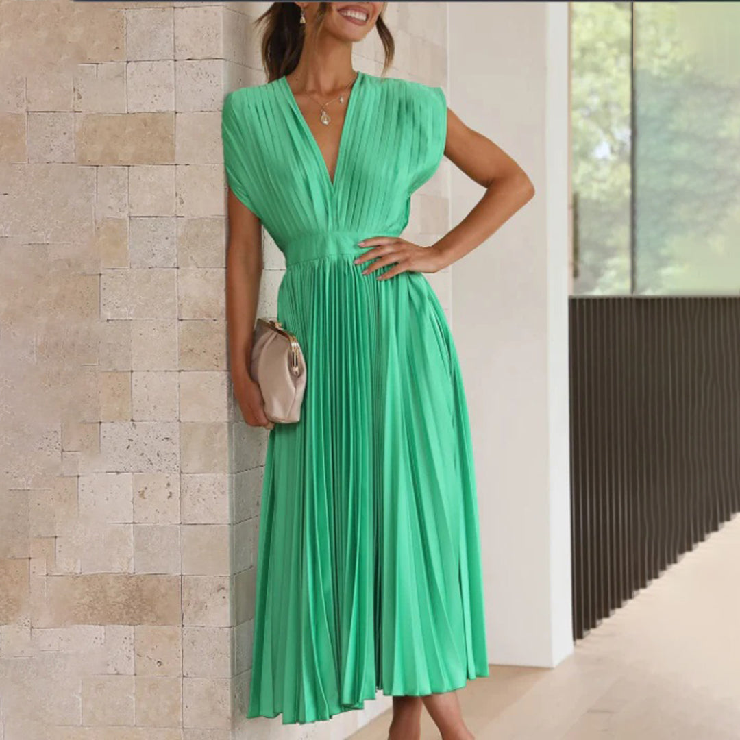 Mertxe Elegant V-neck Pleated Maxi Dress for Women Sophisticated Look
