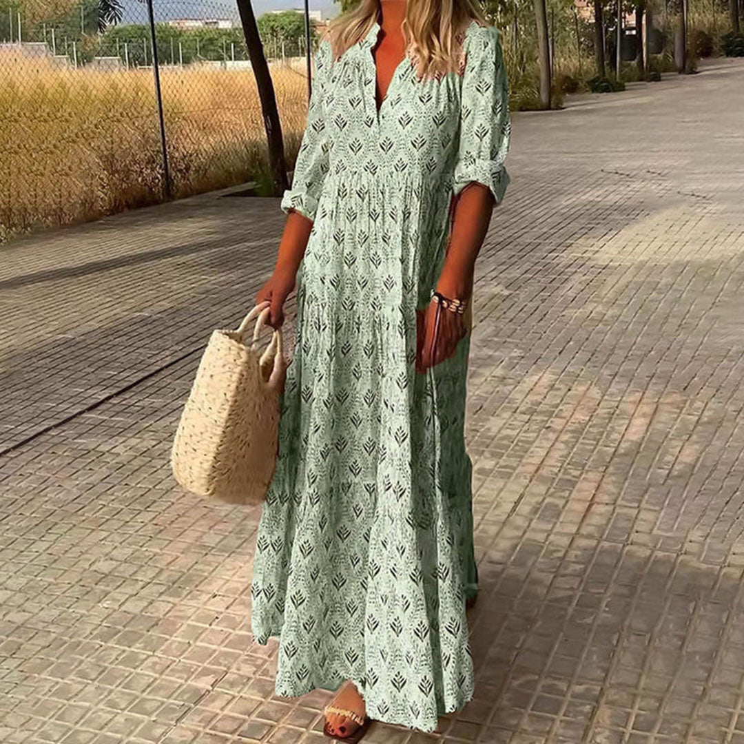 V-Neck Geometric Print Long Sleeve Tiered Flowy Maxi Dress