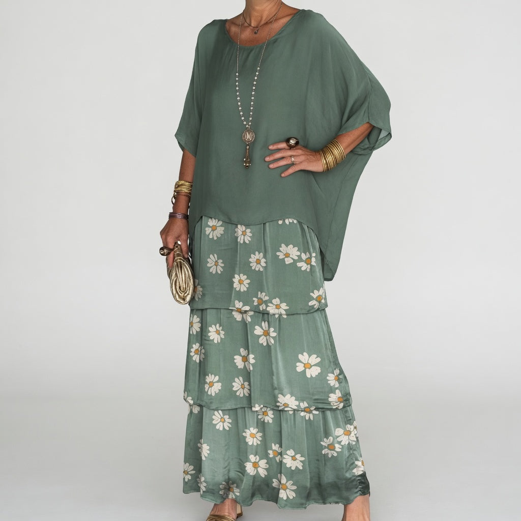 Round Neck Batwing Sleeve Tiered Chiffon Flowy Maxi Dress