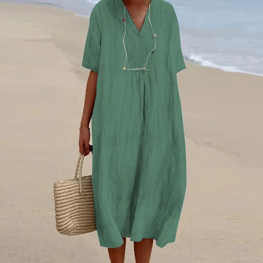 V-Neck Linen Short Sleeve Pleated Loose A-Line Midi Dress
