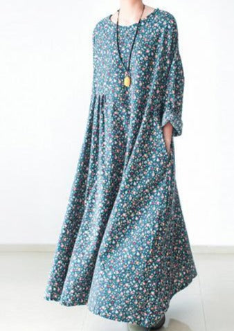 Green Floral Plus Size Cotton Dresses Long Sleeve Dresses Print Maxi Dresses