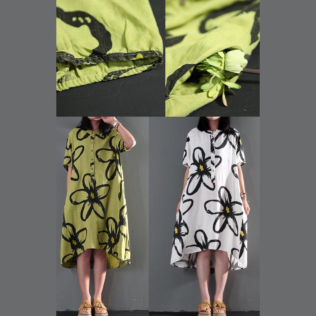 Green floral print maxi dress linen summer dress causal sundresses