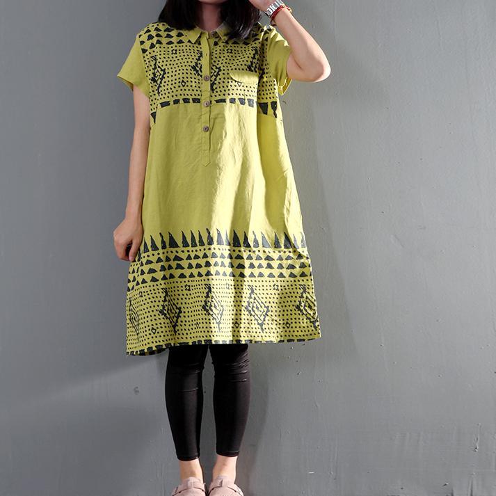 Green floral sundress linen summer shift dresses short sleeve