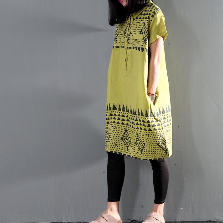 Green floral sundress linen summer shift dresses short sleeve