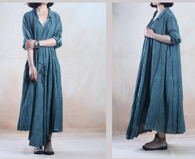 Green spring linen coat maxi dress causal caftan
